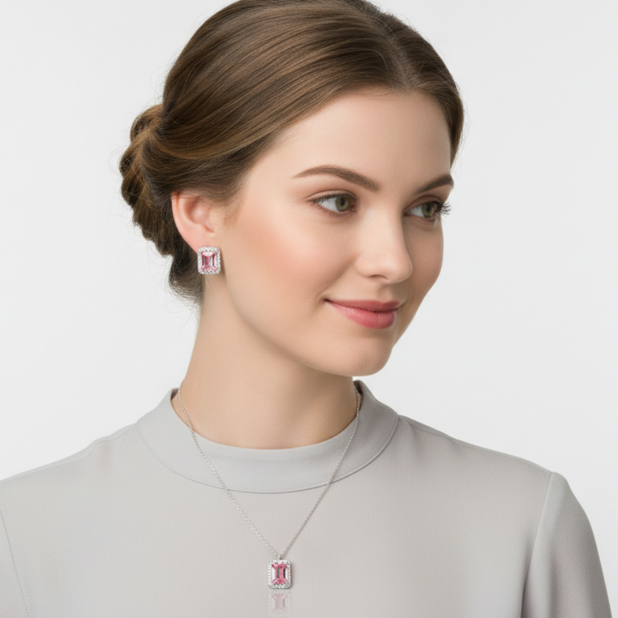 Royal Pink Square Diamond Necklace For Women | Elegant Pink Crystal Square Pendant Jewellery : 3516043554