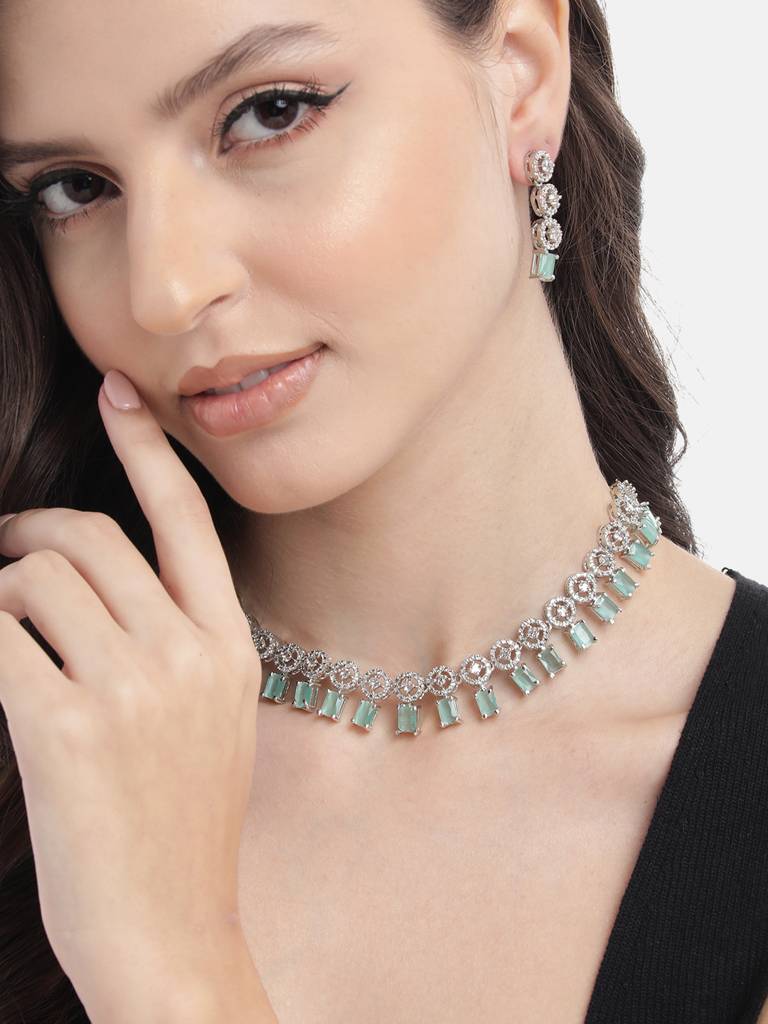 Silver Plated Square Ad Necklace Set : AD134MINT