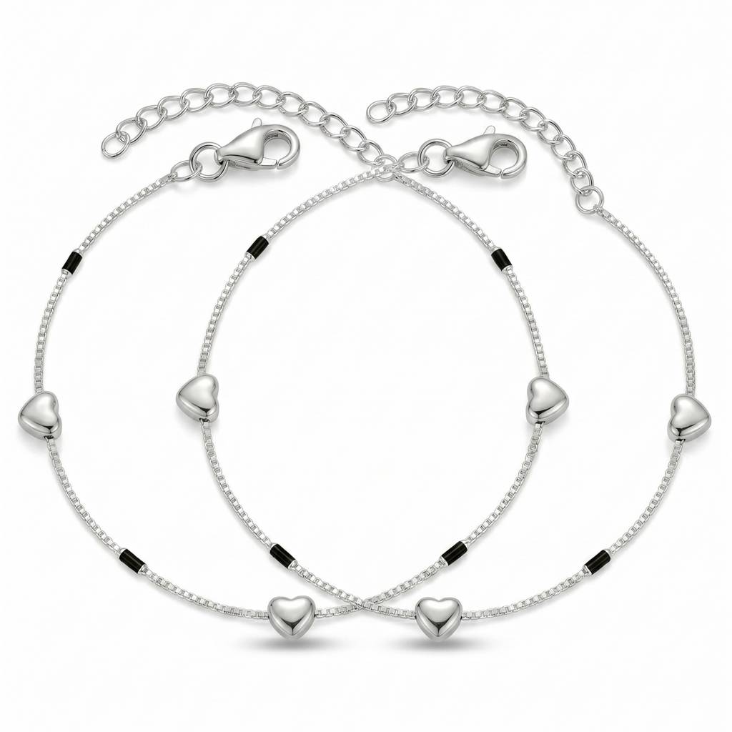 The Amour Silver Heart & Black Bar Box Chain Anklet : AK1121