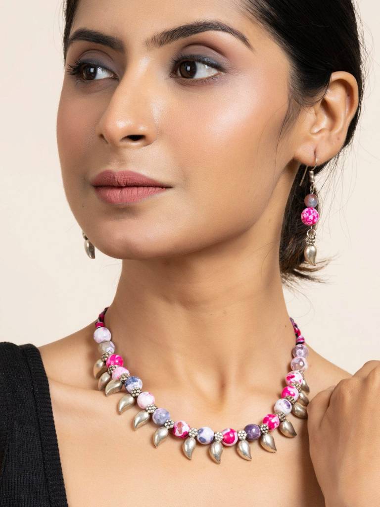 Handmade Semi Precious Pink Purple Onyx Necklace With Mango Charm & Matching Earrings Set For Women : LAANP81