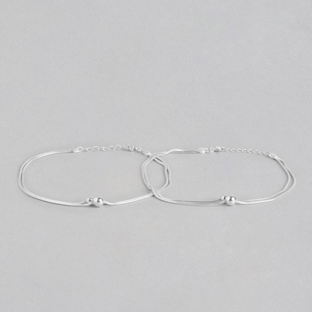 Double String Bead Rhodium Plated 925 Sterling Silver Chain Anklet : ANK-60190-PAIR