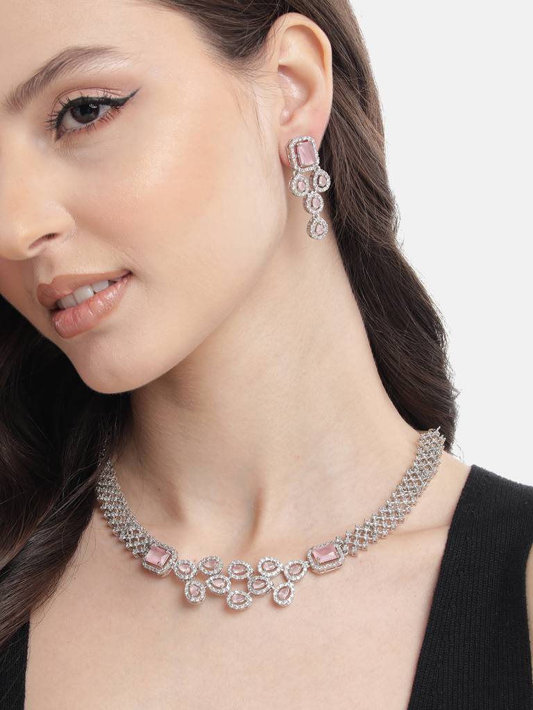 Ad Studded Leaf Necklace Setâ : AD135PINK