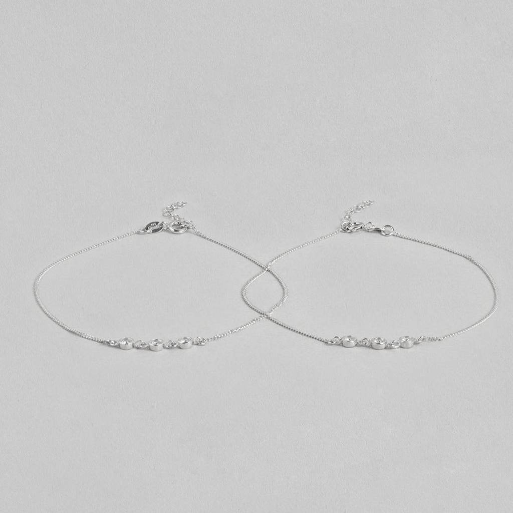 Triple Cz 925 Sterling Silver Chain Anklets : ANK-60133-PAIR
