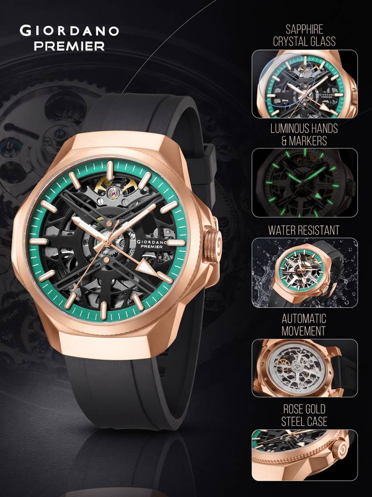 Premier Xapphire Collection Automatic Watch For Men With Round Skeleton Dial, Exposed-Gear Design, Luminous Hand : GZ-50232-04