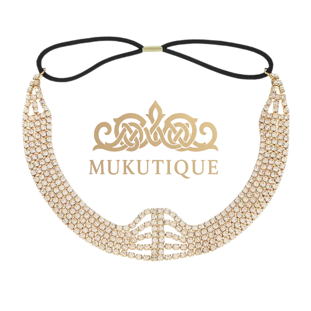 Multi Layer Crystal Bridal Headband For Women Elastic Rhinestone Wedding Forehead Hair Band Gold Party Wear Des : M4SK-PT-GOLD