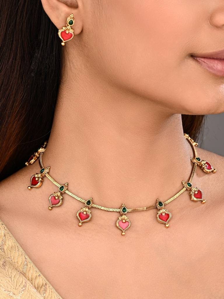 Red Meenakari Floral Alloy Necklace Set : S24FANKS545RED