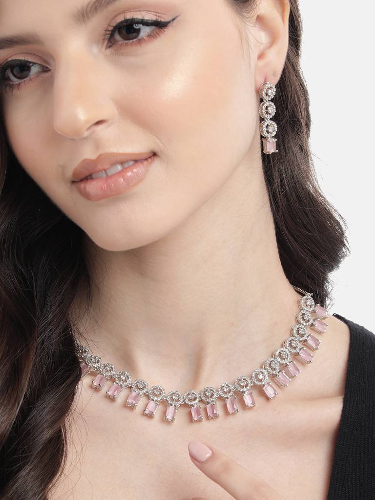 Silver Plated Square Ad Necklace Set : AD134PINK