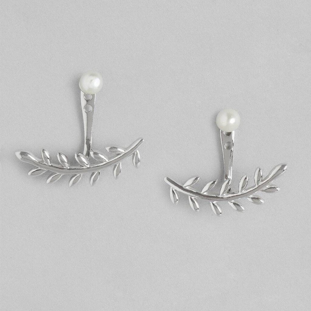 Leafy Pearl Two-Way Rhodium Plated 925 Sterling Silver Studs : EAR-20359