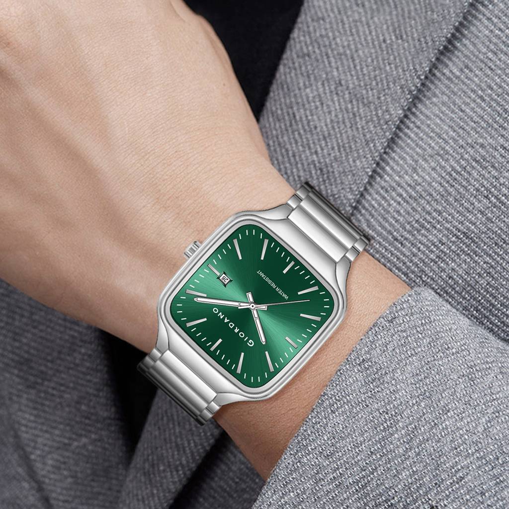 Giordano Analog Watch For Men Â Square Dial, Stainless Steel Strap, Date Display, Water Resistant Classic Dres : GZ-50163-33