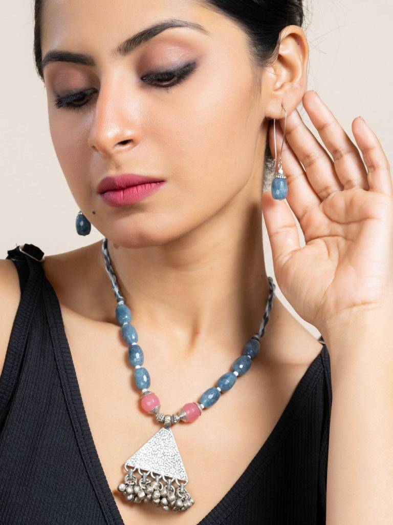 Handmade Semi Precious Pink Grey Onyx Jade With German Silver Tribal Pendant Necklace Set With Matching Earrings And : LAANP90