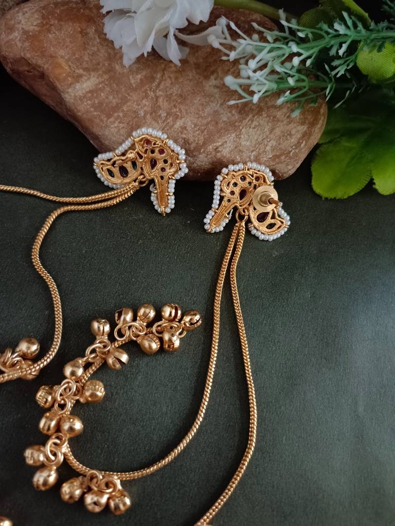 Kundan Studded & Ghungroo Beaded Tasselled Peacock Drop Meenakari Earrings : VS105310