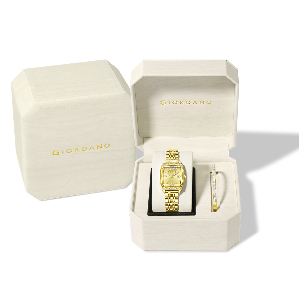 Giordano Analog Watch With Bracelet Set For Women – Cut Glass Square Dial, Crystal Roman Indices And Stainless S : GZ-60117-66