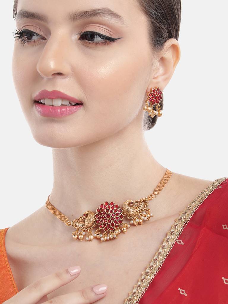Â Gold Plated Floral Choker With Earrings Set : SATJS335RED