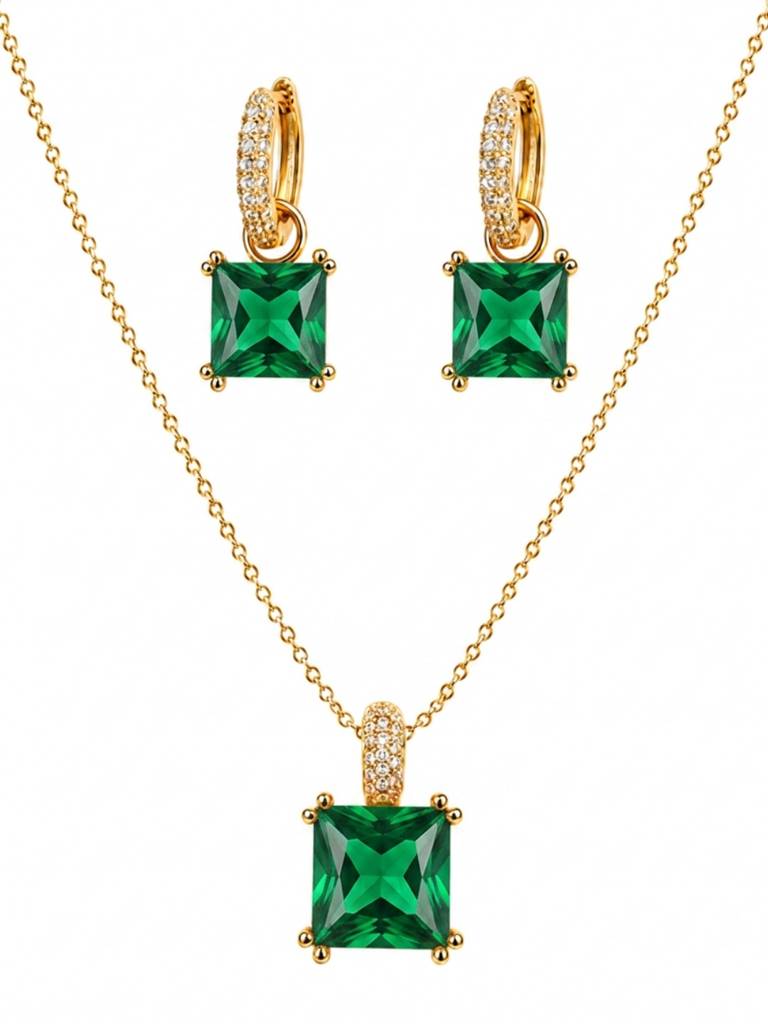 Square-Cut Pendant Necklace & Huggie Earring Set : SET1010EQSD