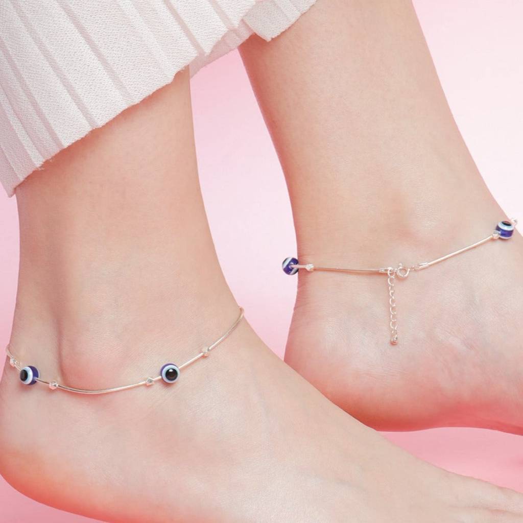 Evil Eye Beaded Rhodium Plated 925 Sterling Silver Chain Anklet : ANK-60194-PAIR