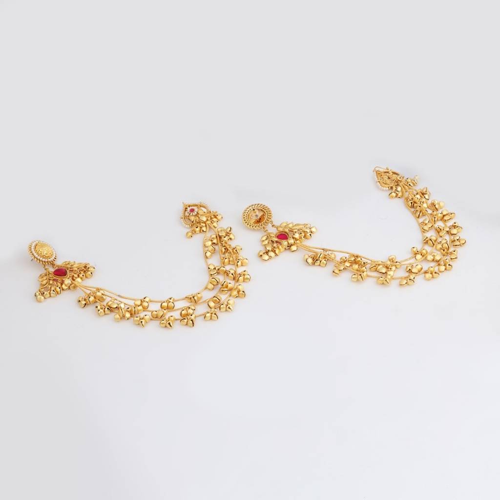 Gold Plated Studs With Ear Chains : S24KCER648RED