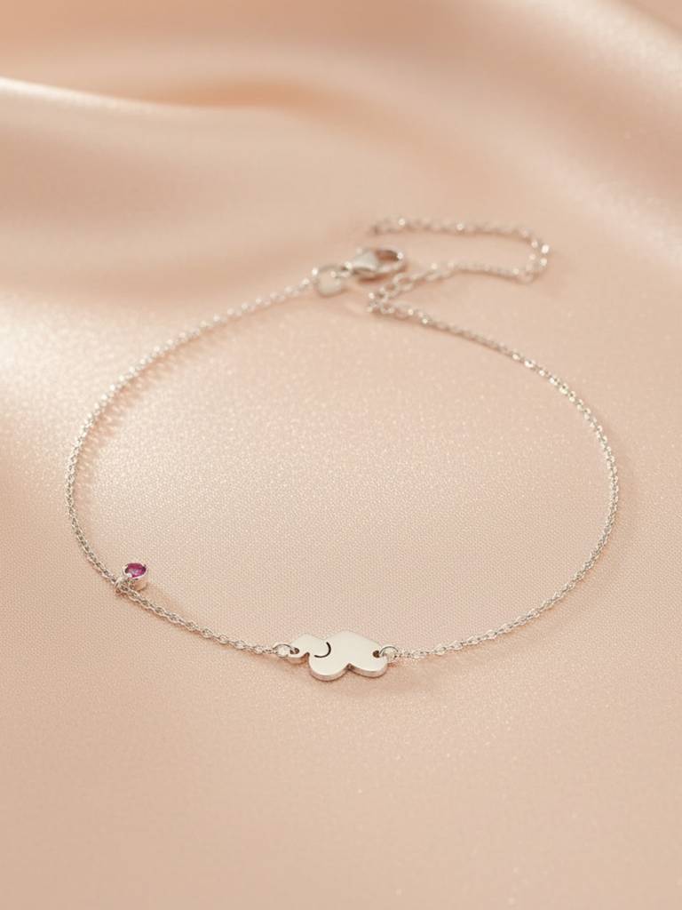 The Amour Bond Double Heart & Amethyst-Hued Silver Anklet : AK1136