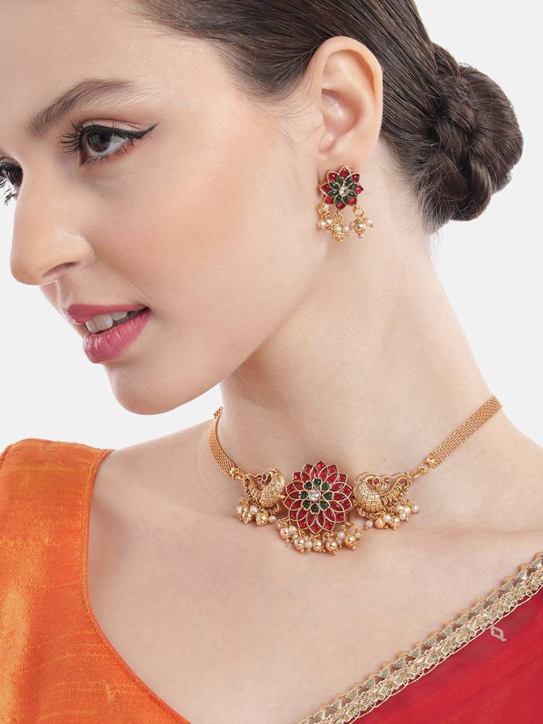 Â Gold Plated Floral Choker With Earrings Set : SATJS335MULTI