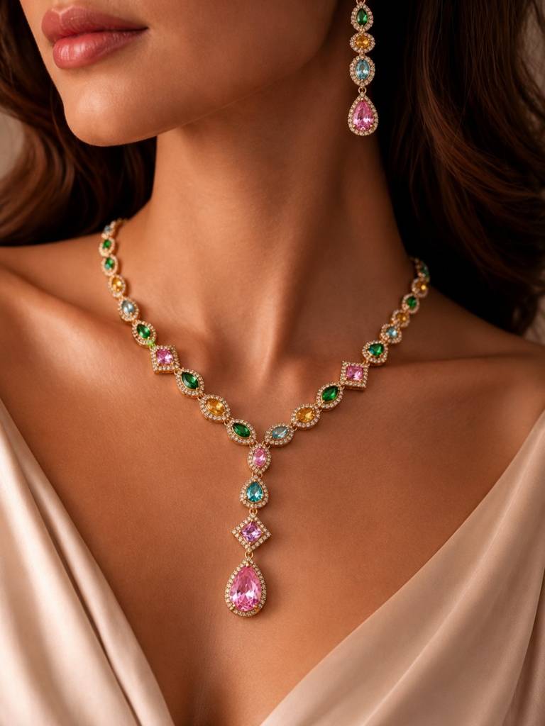 Serenata Multicolor Gemstone Y-Drop Necklace & Earring Set, 18K Gold-Plated : SET952MCSD