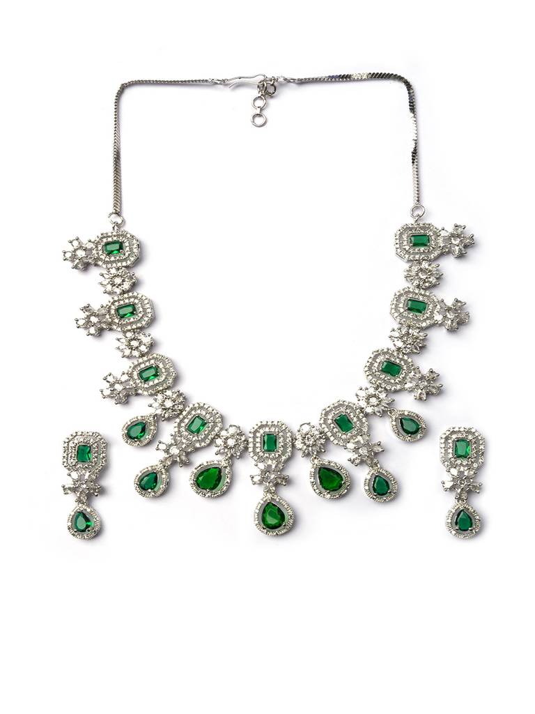 Silver Plated Brass Luxury American Diamond Necklace Set : AD136GREEN