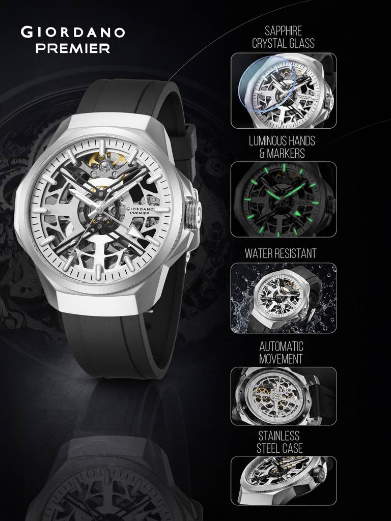 Premier Xapphire Collection Automatic Watch For Men With Round Skeleton Dial, Exposed-Gear Design, Luminous Hand : GZ-50232-01