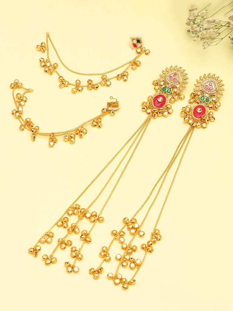 Premium Gold Plated Kundan Stone Studded Kashmiri Ear Chain Drop Earrings : VI25EROX100171