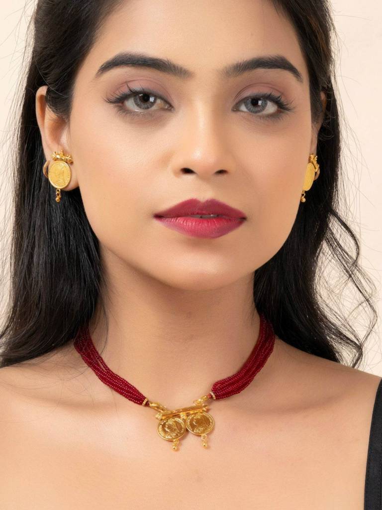 Gold Plated Victorian Double Coin Mangalsutra Necklace Set : LAANP106