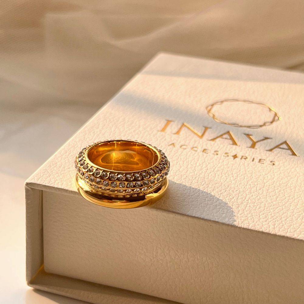18Kt Gold Plated Double Chunky Zircon Studded Ring, Faye : INFAYE