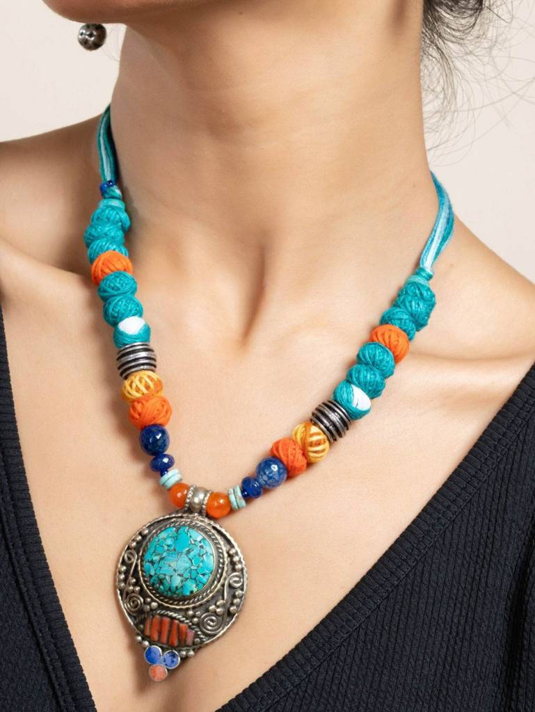 Handmade Semi Precious Turquoise Blue Red Tibetan Necklace Set With Matching Earrings And Adjustable Dori : LAANP94