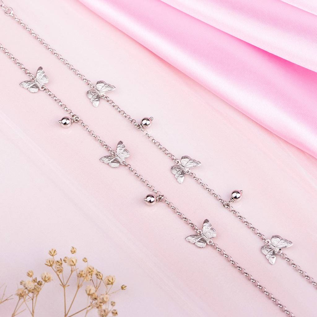 Triple Butterfly Rhodium Plated 925 Sterling Silver Anklet : ANK-60249-PAIR