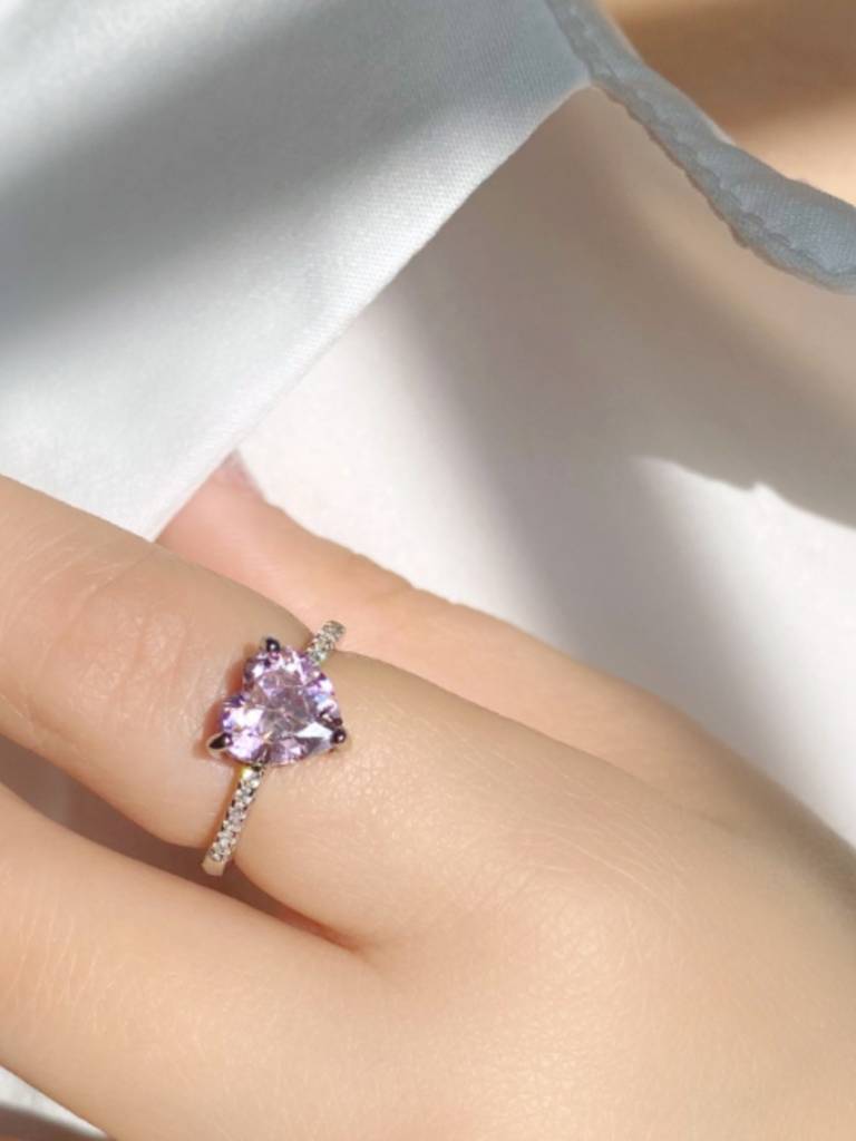 925 Sterling Silver Pink Stone Heart Ring I Solitaire Finger Ring I Adjustable Silver Ring : B0DF5HDTRP