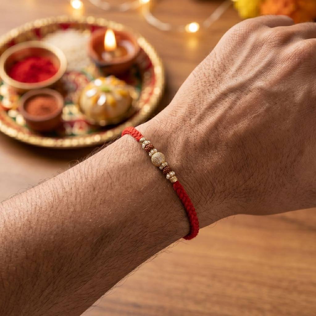 Royal Rudraksha Crystal Rakhi For Brother | Premium Designer Rakhi With Crystal Sphere, Rudraksha & Pearl Accents  : RAKHI_013