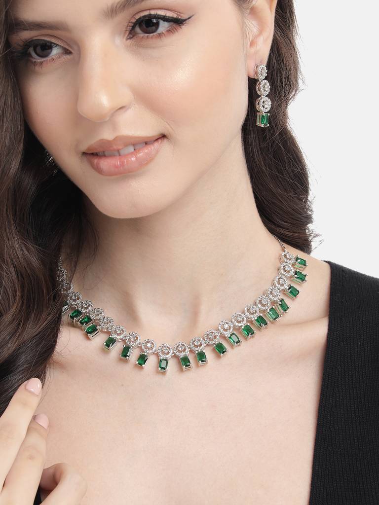 Silver Plated Square Ad Necklace Set : AD134GREEN