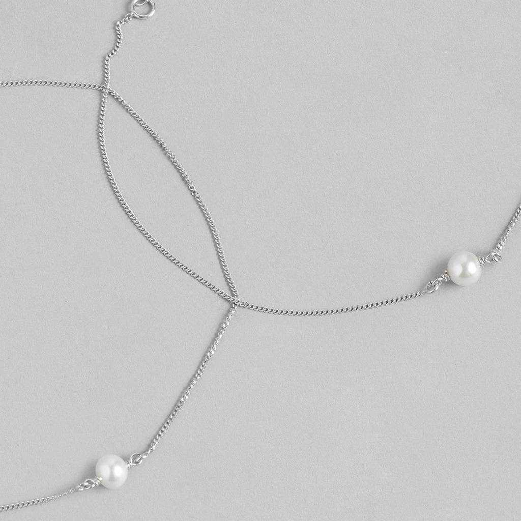 White Pearl Rhodium Plated 925 Sterling Silver Chain Anklet : ANK-60260-PAIR