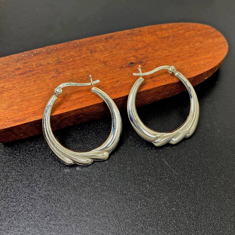 925 Sterling Silver Chunky Round Textured Hoops | Oval Puffy Hoop Earrings : TWP1161