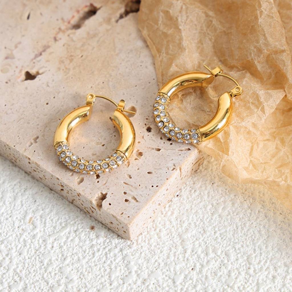 18K Gold Plated Waterproof Antitarnish Titanium Steel Rhinestone Hoop Earrings : AFT0924E867G