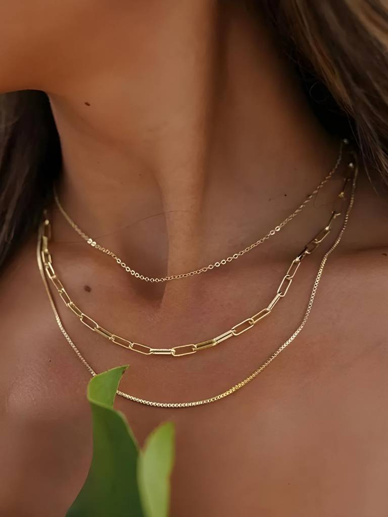 18Kt Gold Plated Triple Layered Snake Paperclip Necklace, Hailey : INHAILEY