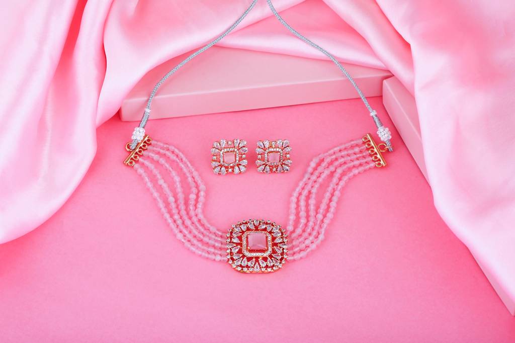 Estele Rose Gold Plated Cz Square Shaped Mint Pink Choker Necklace Set For Women : AD-562-RG-MPNKER