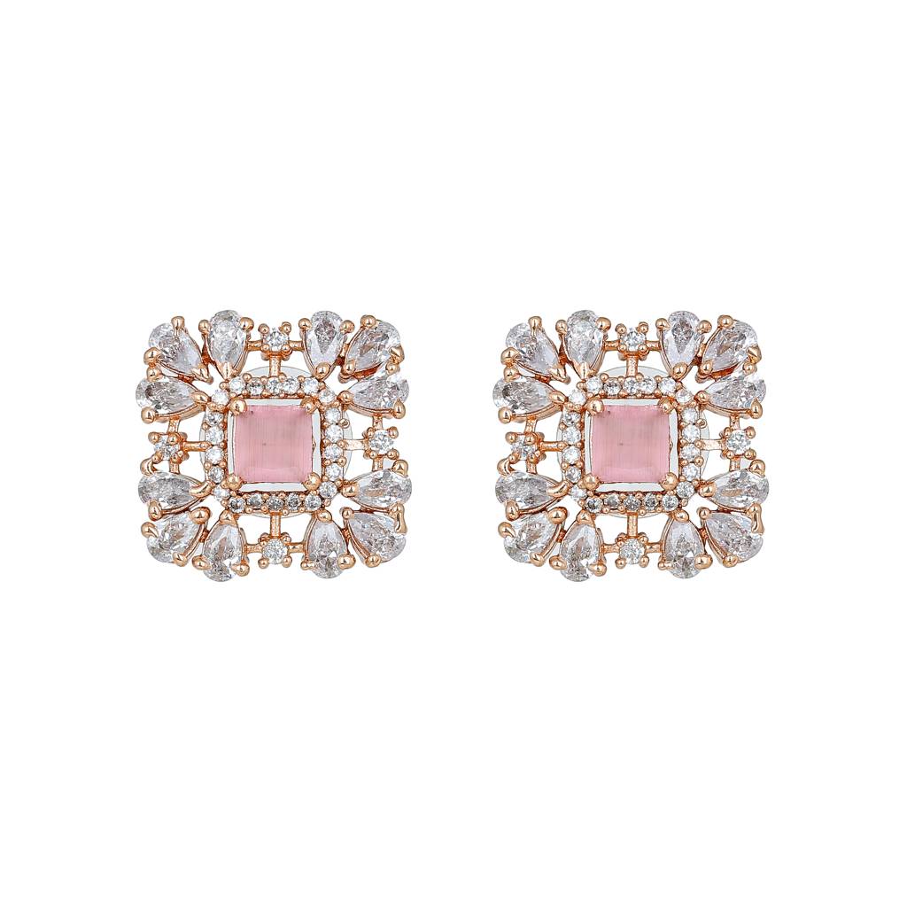 Estele Rose Gold Plated Cz Square Shaped Mint Pink Choker Necklace Set For Women : AD-562-RG-MPNKER