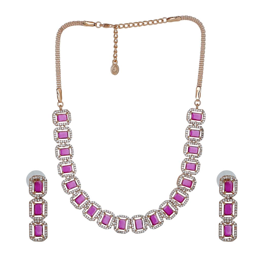 Estele Rose Gold Plated Cz Ossum Octagon Necklace Set With Ruby Crystals For Women : AD-679-RG-RBNKER