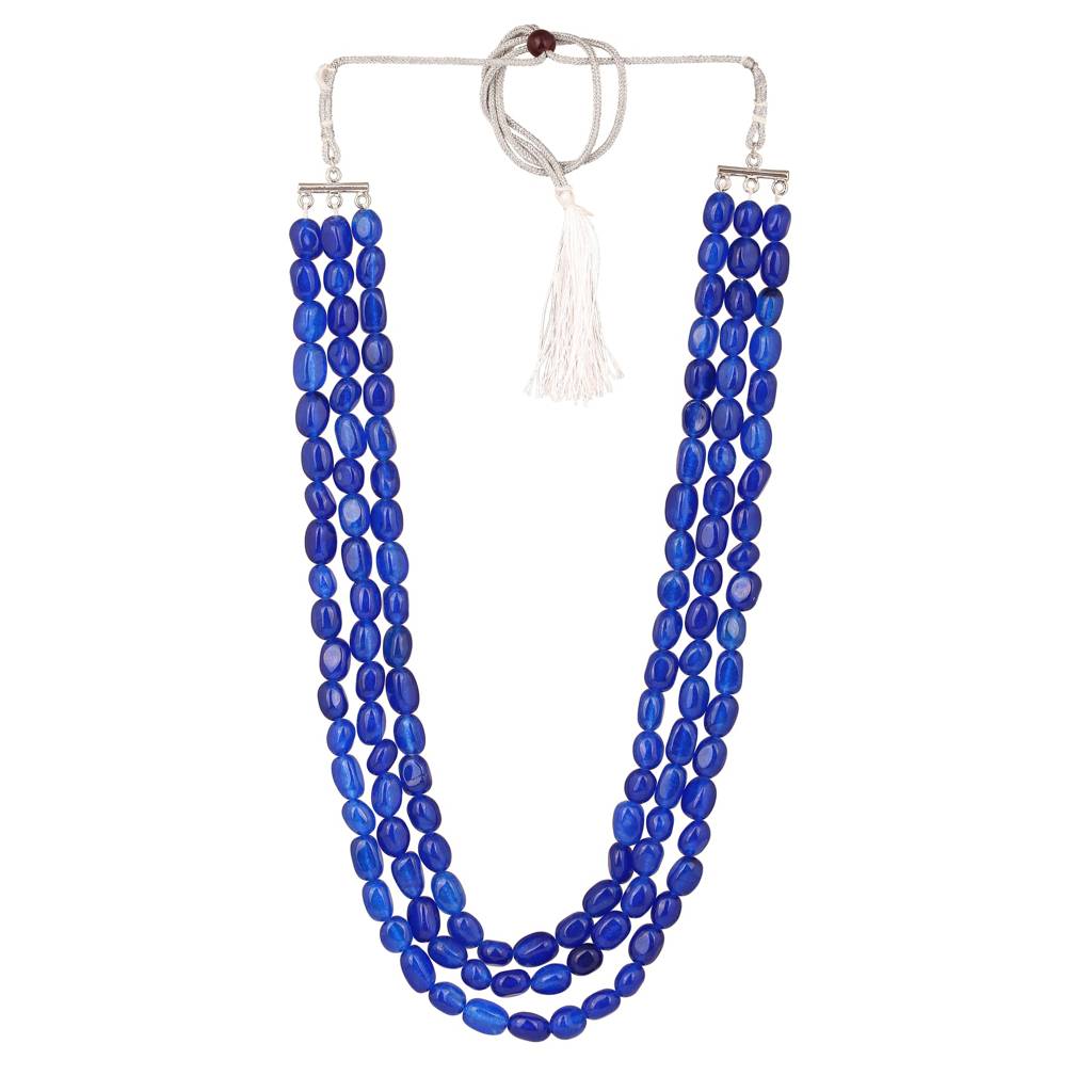 Estele Rhodium Plated Glimmering Designer Three Layered Necklace With Blue Beads For Girls/Women : 10179-IR-BLNK