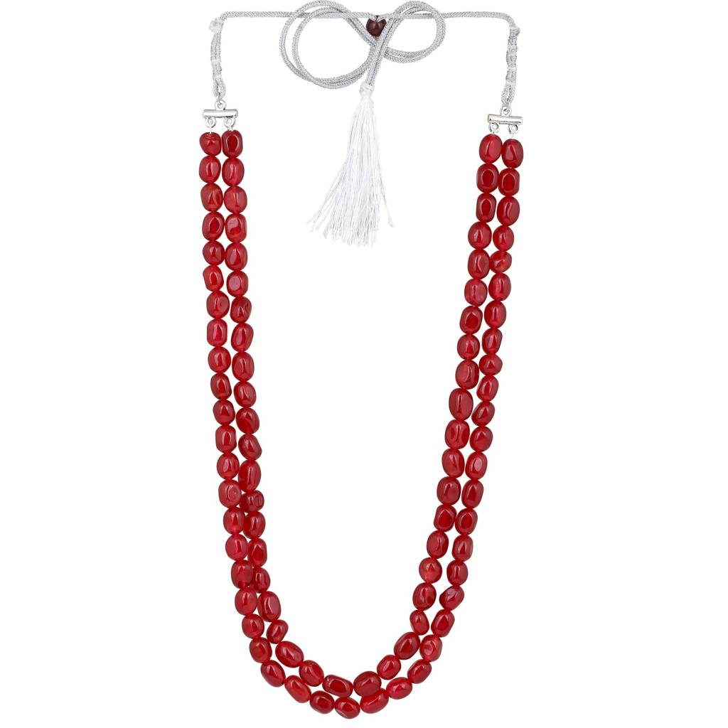 Estele Rhodium Plated Trendy Double Layered Necklace With Ruby Beads For Girls/Women : 10187-IR-RBNK