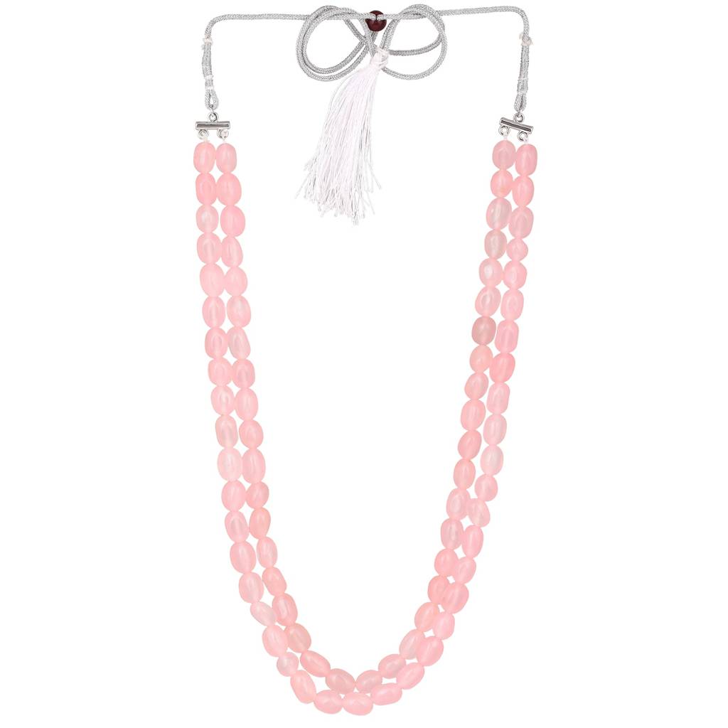 Estele Rhodium Plated Sparkling Double Layered Necklace With Mint Pink Beads For Girls/Women : 10183-IR-MPNK