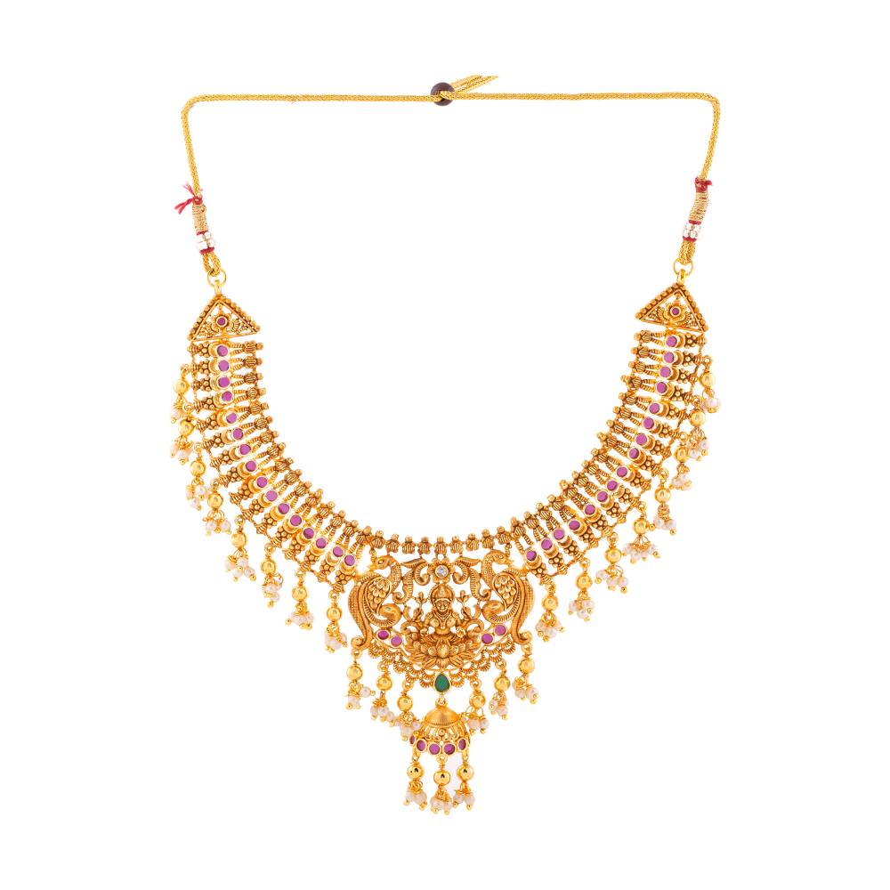 Estele Gold Plated Cz Divine Lakshmi Ji Bridal Necklace Set With Pearls For Women : AD-579-IGNKER