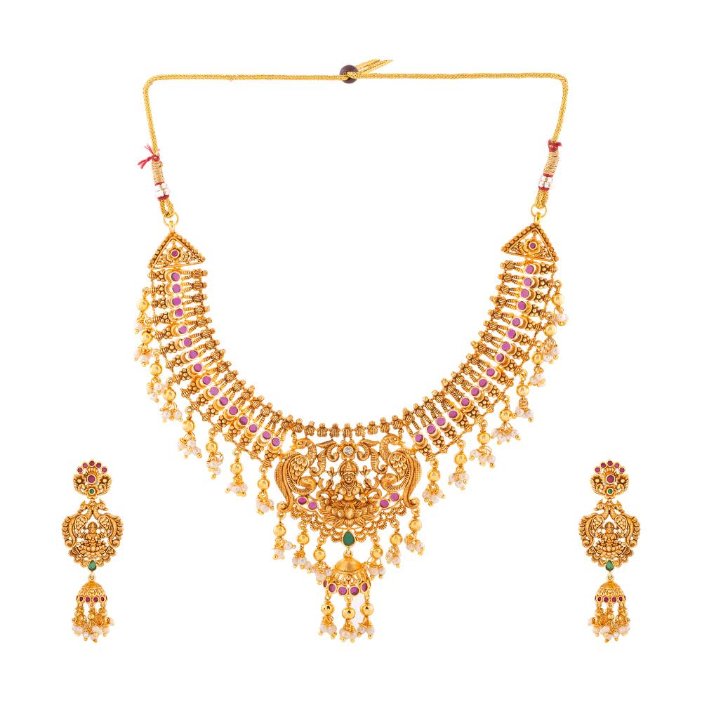 Estele Gold Plated Cz Divine Lakshmi Ji Bridal Necklace Set With Pearls For Women : AD-579-IGNKER