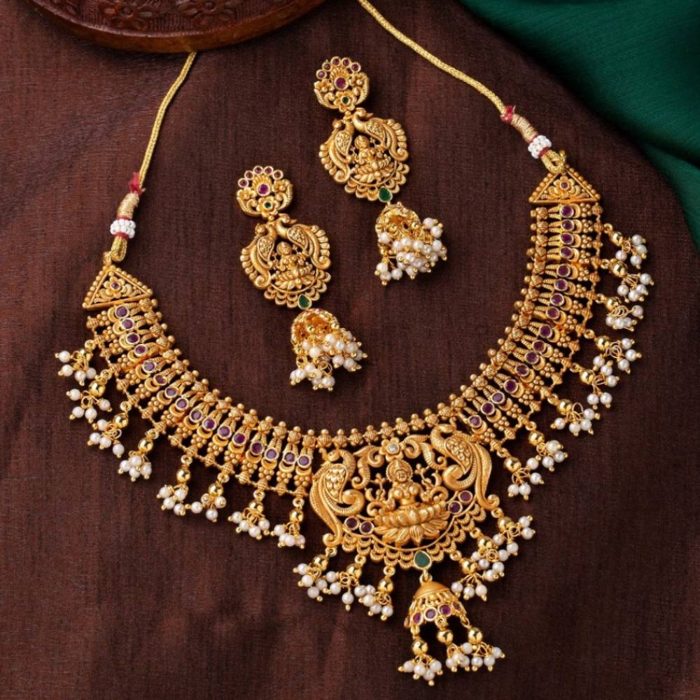 Estele Gold Plated Cz Divine Lakshmi Ji Bridal Necklace Set With Pearls For Women : AD-579-IGNKER