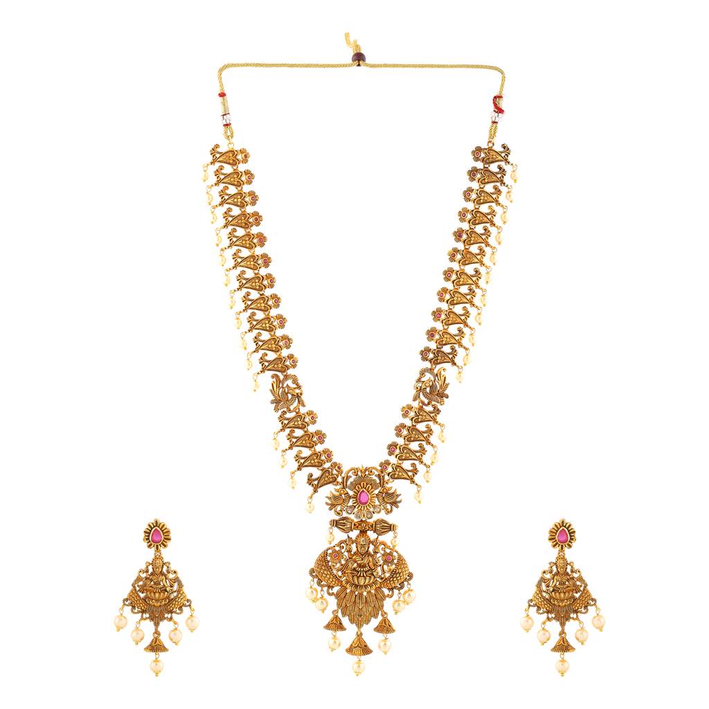 Estele Gold Plated Sacred Laxmi Ji Bridal Necklace Set Combo With Pearls For Women : AD-611-IGNKER