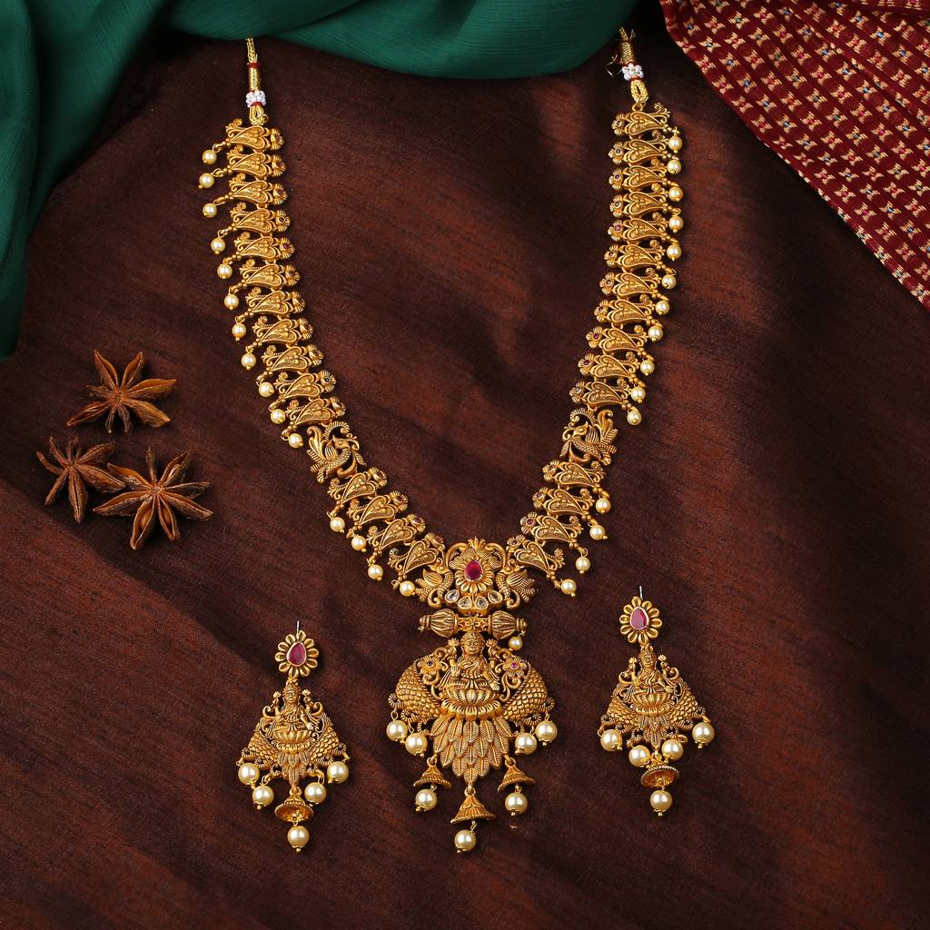 Estele Gold Plated Sacred Laxmi Ji Bridal Necklace Set Combo With Pearls For Women : AD-611-IGNKER