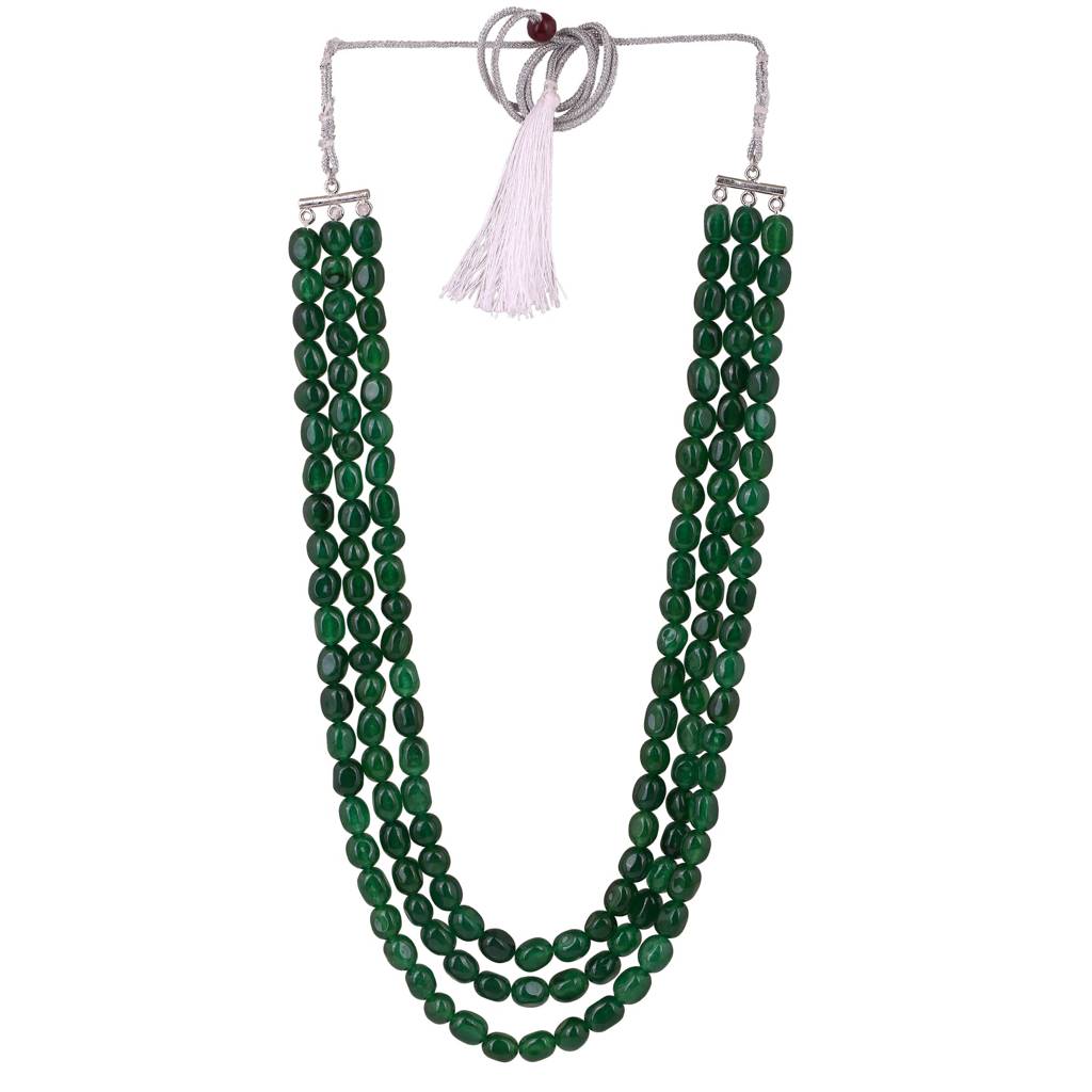 Estele Rhodium Plated Sparkling Designer Three Layered Necklace With Green Beads For Women : 10182-IR-GNNK