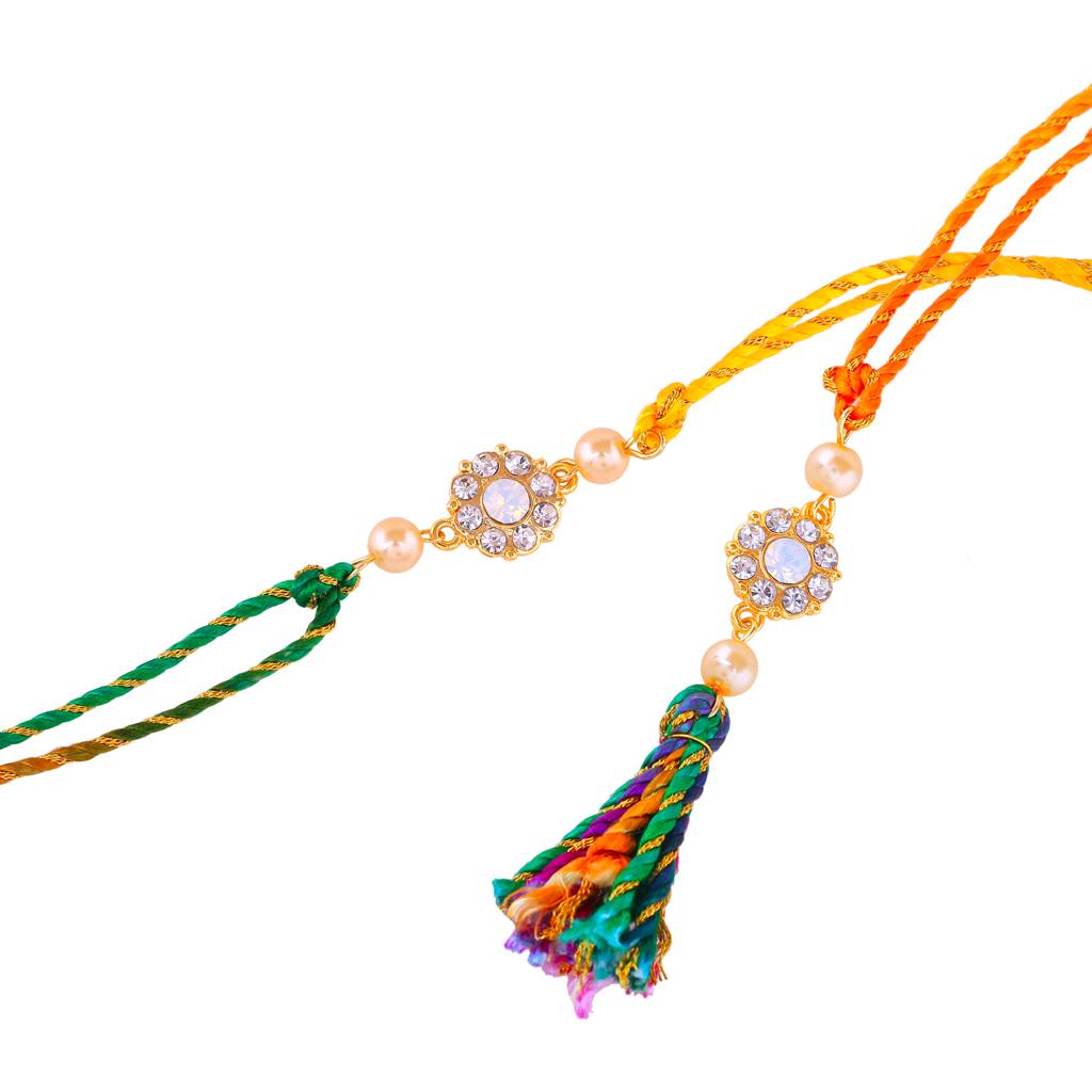 lated Floral Designer Bhaiya Bhabhi Rakhi Set With White Austrian Crystals And Pearls With Silk Multi-Color Thread : 209-IGRAKHI